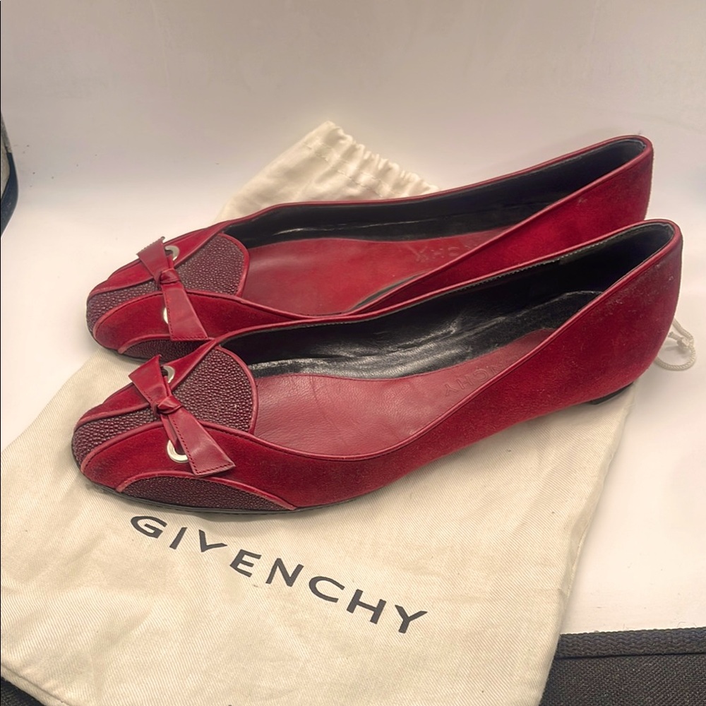 Givenchy Red  Leather & Suede Flats with Rounded Toe